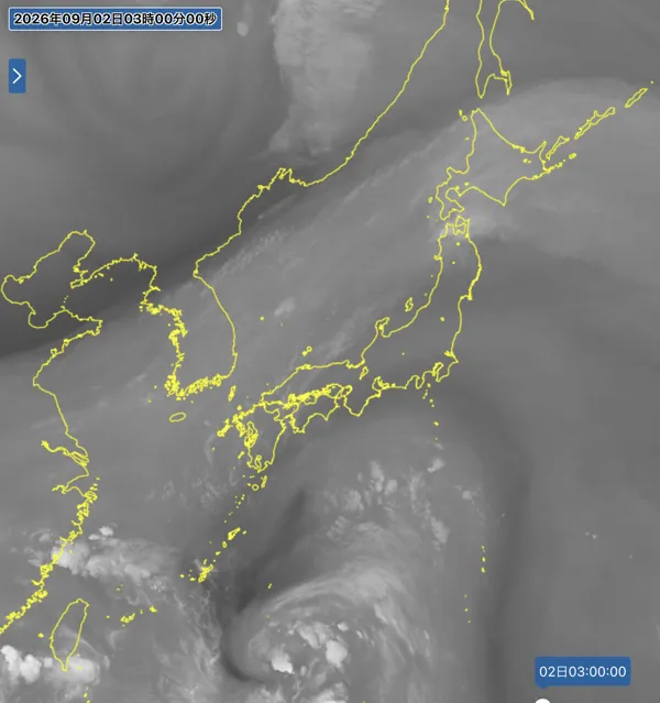 2026年9月2日3時の日本周辺の衛星水蒸気画像
