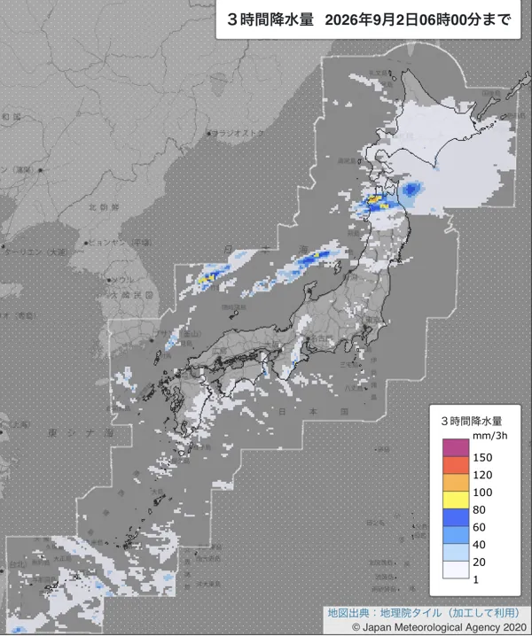2026年9月2日3〜6時の日本周辺の3時間解析降水量