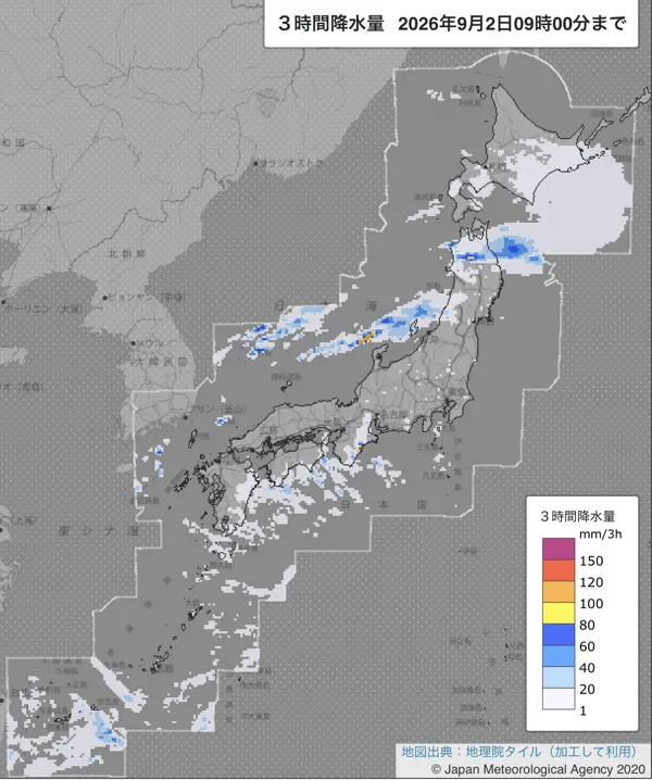 2026年9月2日6〜9時の日本周辺の3時間解析降水量