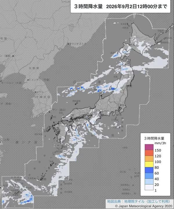 2026年9月2日9〜12時の日本周辺の3時間解析降水量