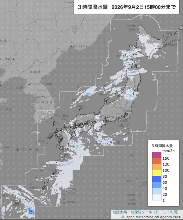 2026年9月2日12〜15時の日本周辺の3時間解析降水量