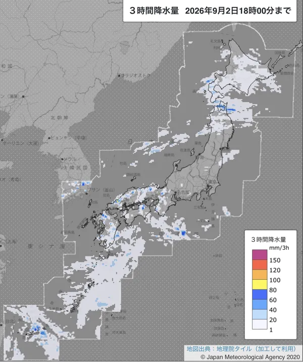 2026年9月2日15〜18時の日本周辺の3時間解析降水量