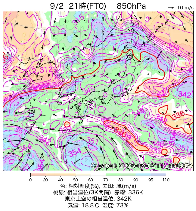 2026年9月2日の日本周辺の850hPa天気図（21時）