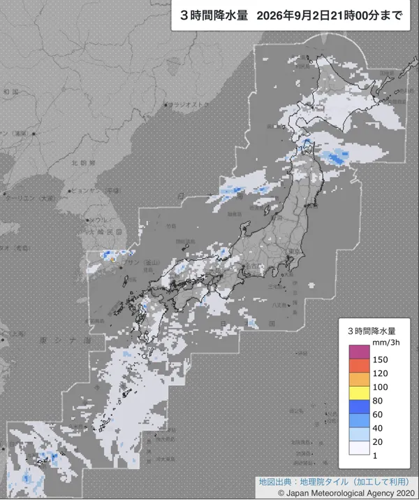 2026年9月2日18〜21時の日本周辺の3時間解析降水量