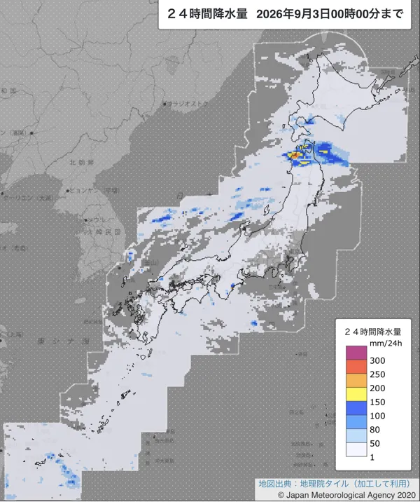 2026年9月2日の日本周辺の日解析雨量の図