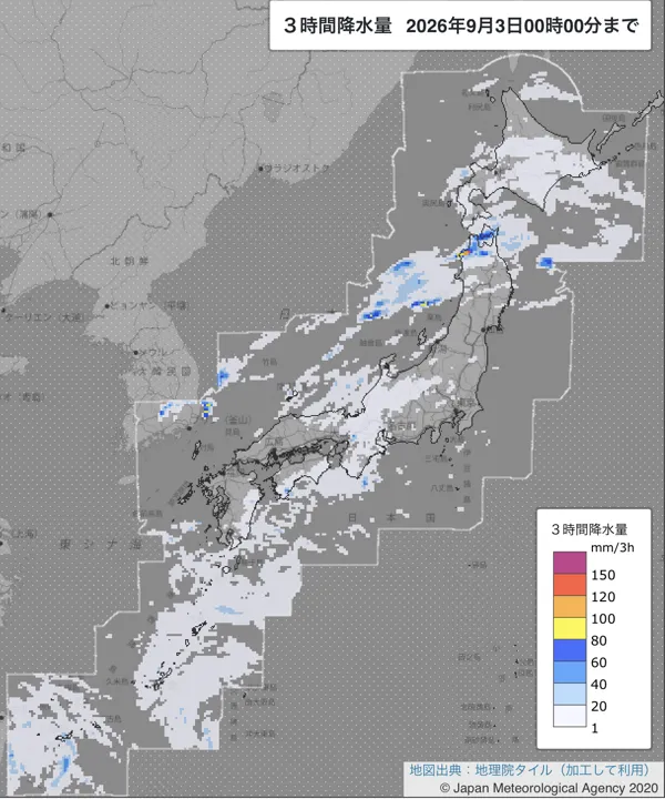 2026年9月2日21〜24時の日本周辺の3時間解析降水量