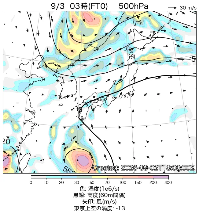 2026年9月3日の日本周辺の500hPa天気図（3時）
