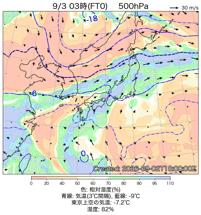 2026年9月3日の日本周辺の500hPa天気図（3時）