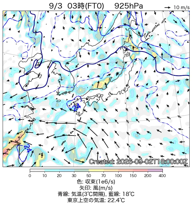 2026年9月3日の日本周辺の925hPa天気図（3時）