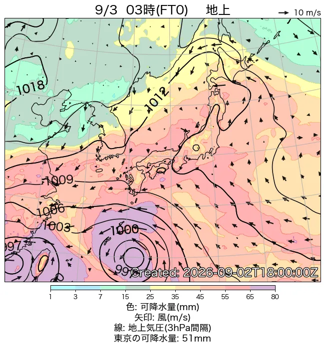 2026年9月3日の日本周辺の地上天気図（3時）