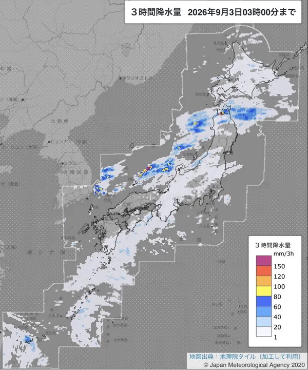 2026年9月3日0〜3時の日本周辺の3時間解析降水量