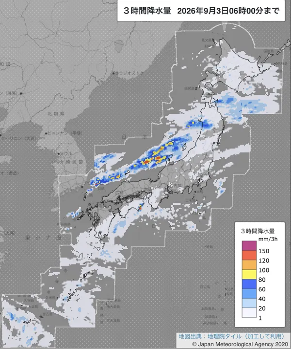 2026年9月3日3〜6時の日本周辺の3時間解析降水量