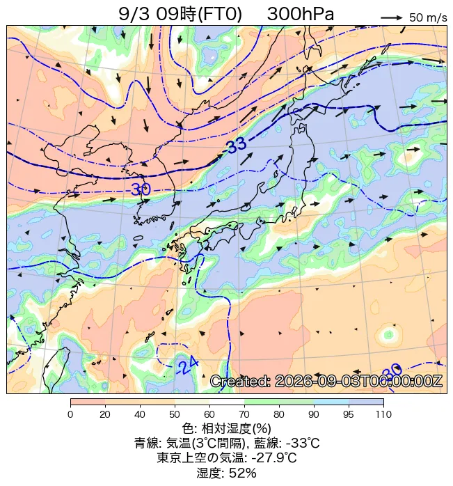 2026年9月3日の日本周辺の300hPa天気図（9時）