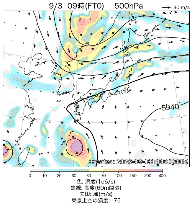 2026年9月3日の日本周辺の500hPa天気図（9時）