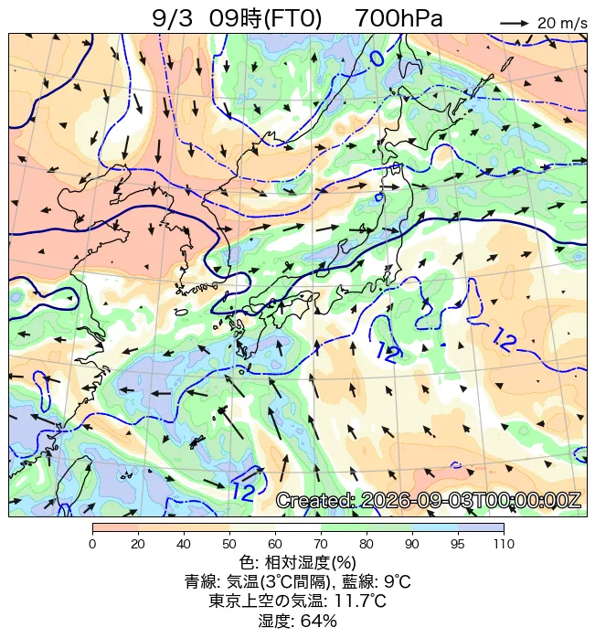 2026年9月3日の日本周辺の700hPa天気図（9時）