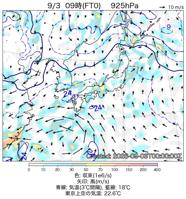 2026年9月3日の日本周辺の925hPa天気図（9時）