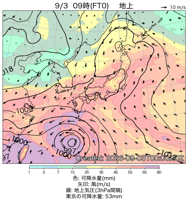 2026年9月3日の日本周辺の地上天気図（9時）