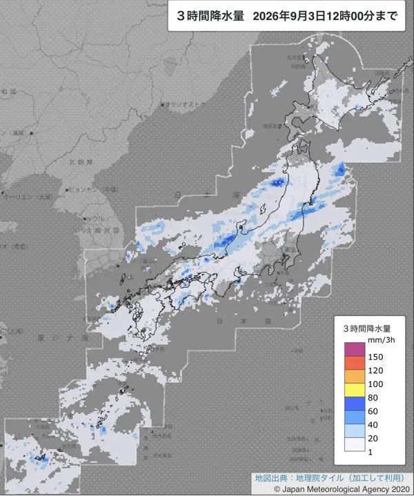 2026年9月3日9〜12時の日本周辺の3時間解析降水量