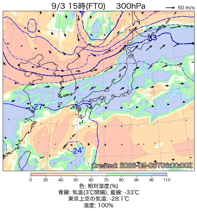 2026年9月3日の日本周辺の300hPa天気図（15時）