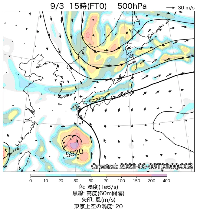 2026年9月3日の日本周辺の500hPa天気図（15時）