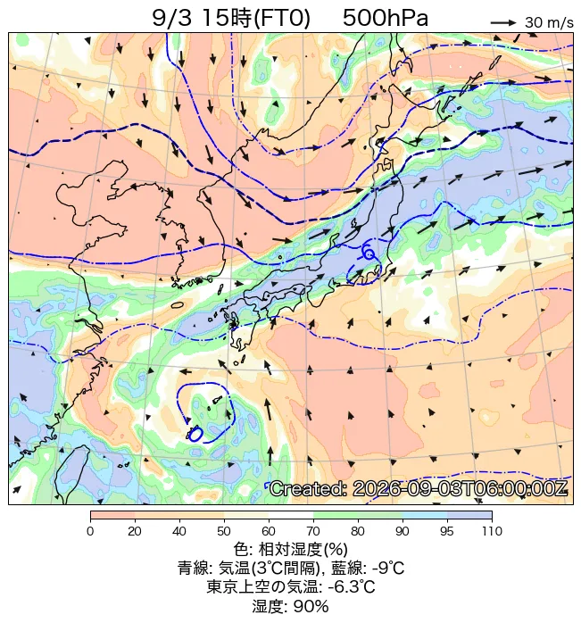 2026年9月3日の日本周辺の500hPa天気図（15時）