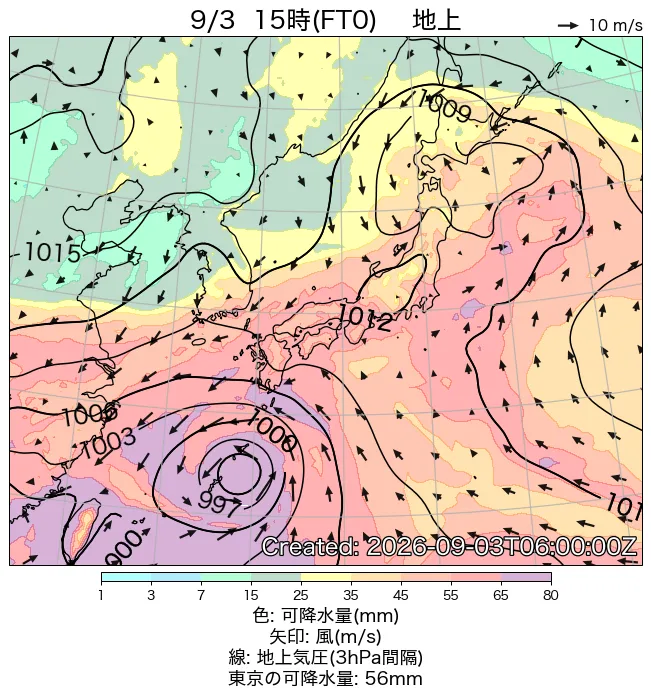2026年9月3日の日本周辺の地上天気図（15時）