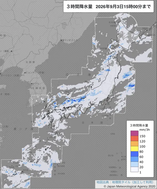 2026年9月3日12〜15時の日本周辺の3時間解析降水量