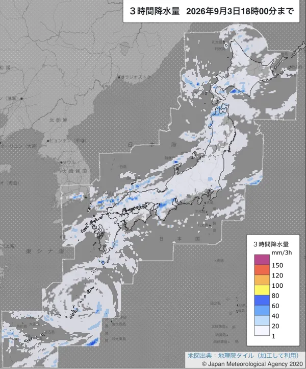 2026年9月3日15〜18時の日本周辺の3時間解析降水量