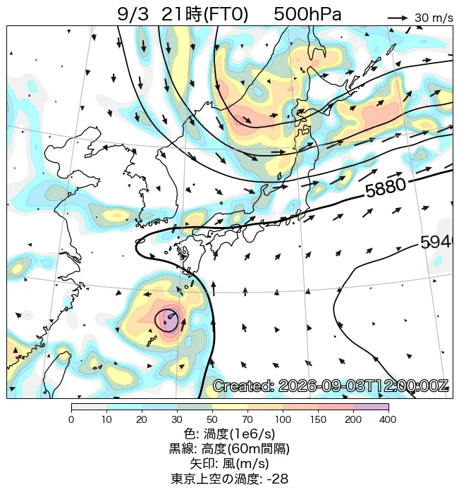 2026年9月3日の日本周辺の500hPa天気図（21時）