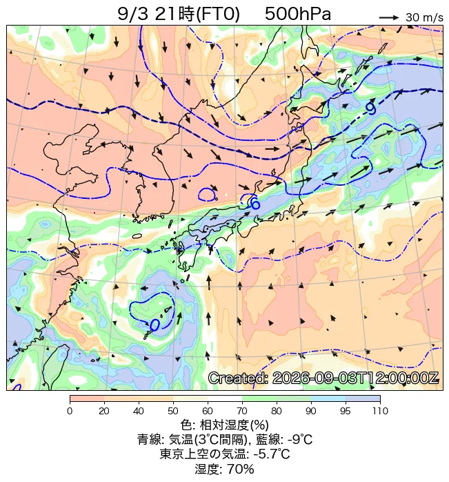 2026年9月3日の日本周辺の500hPa天気図（21時）