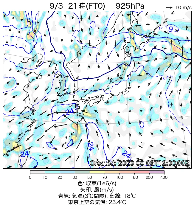 2026年9月3日の日本周辺の925hPa天気図（21時）