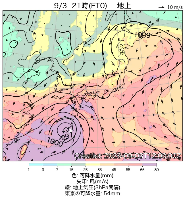 2026年9月3日の日本周辺の地上天気図（21時）