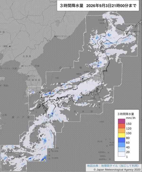 2026年9月3日18〜21時の日本周辺の3時間解析降水量