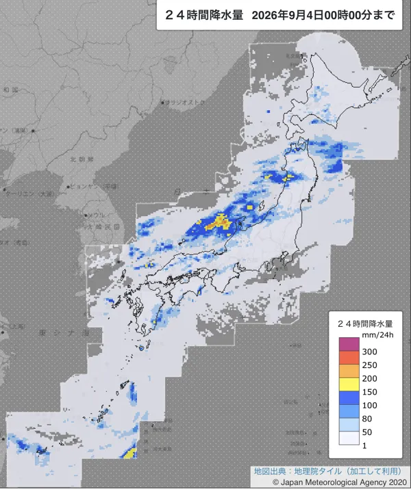 2026年9月3日の日本周辺の日解析雨量の図