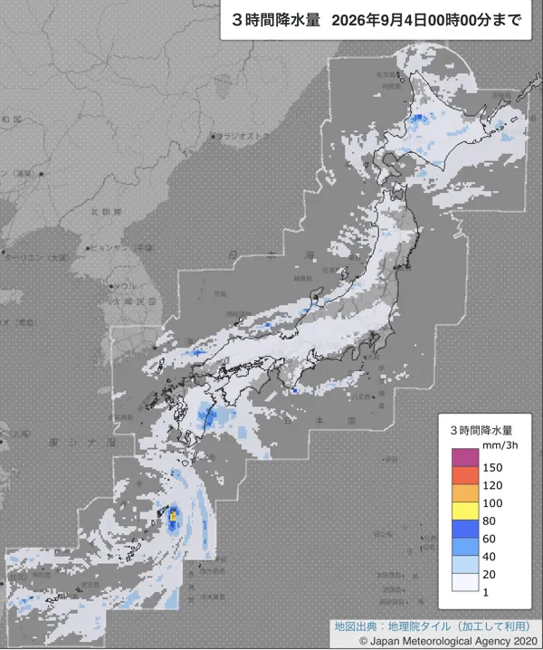 2026年9月3日21〜24時の日本周辺の3時間解析降水量