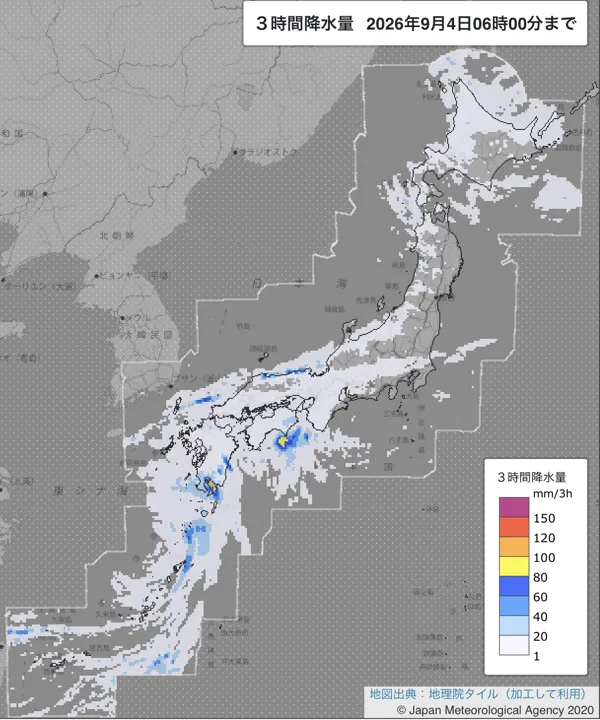 2026年9月4日3〜6時の日本周辺の3時間解析降水量