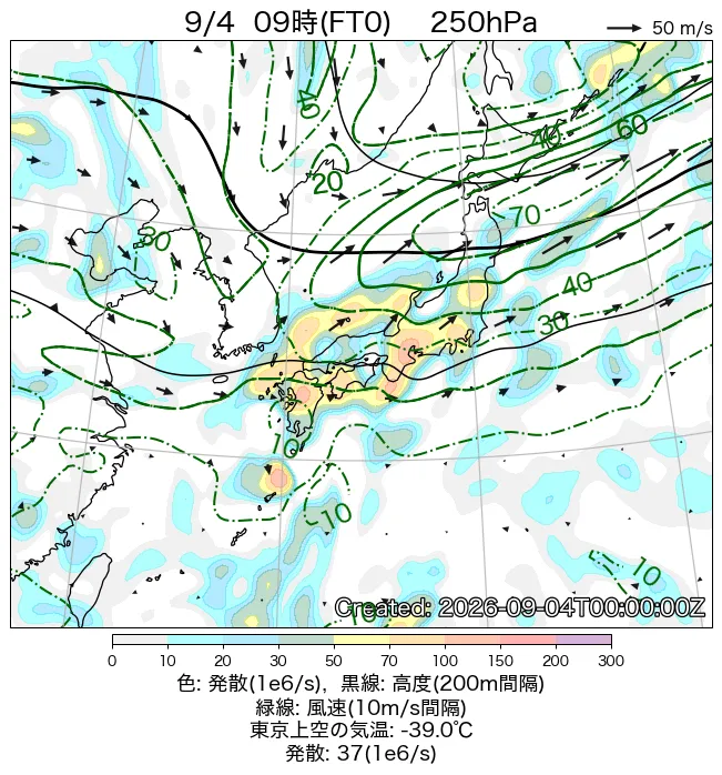 2026年9月4日の日本周辺の250hPa天気図（9時）