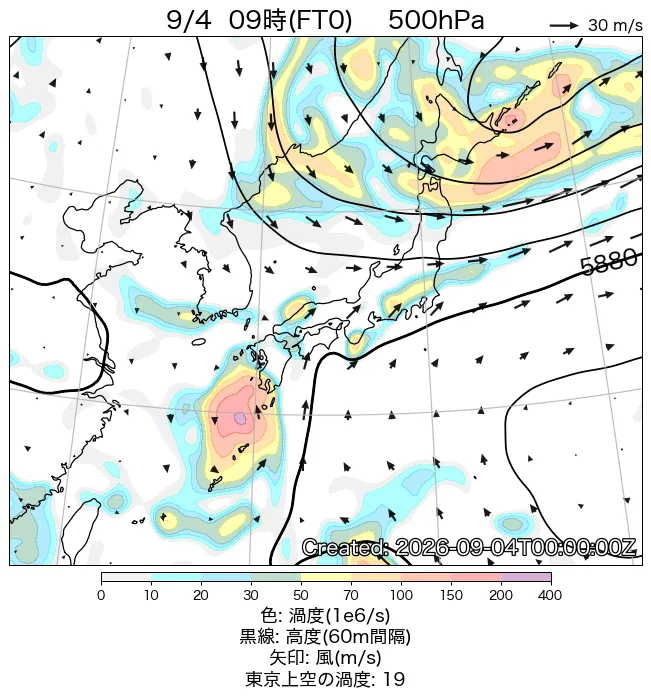 2026年9月4日の日本周辺の500hPa天気図（9時）