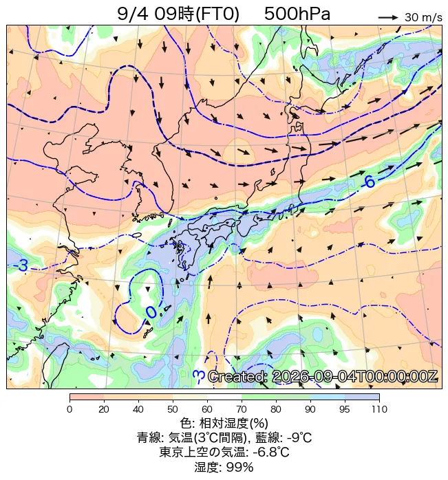 2026年9月4日の日本周辺の500hPa天気図（9時）
