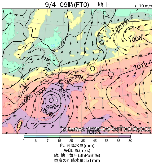 2026年9月4日の日本周辺の地上天気図（9時）
