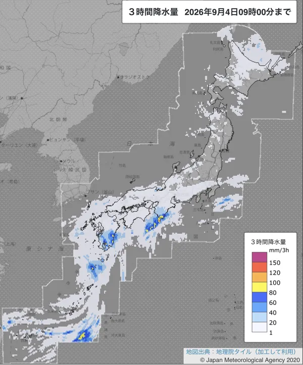 2026年9月4日6〜9時の日本周辺の3時間解析降水量