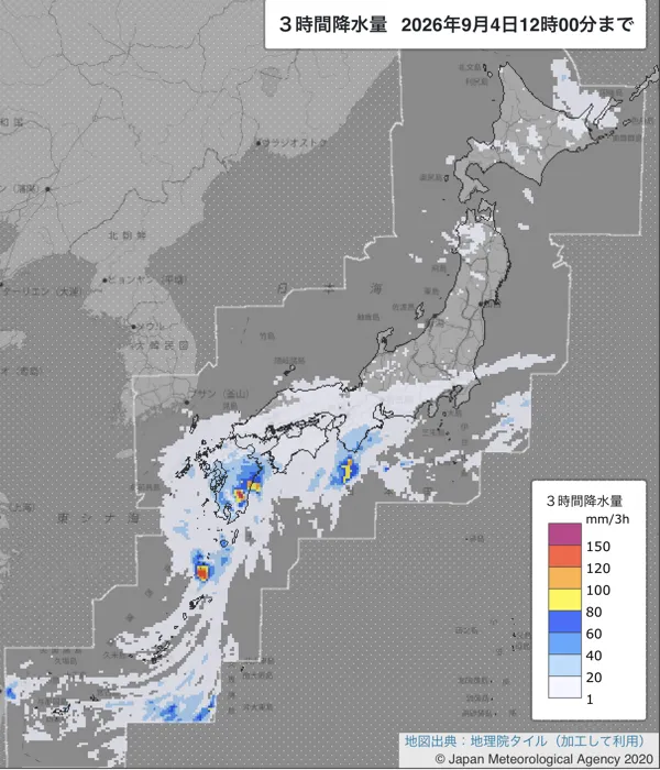 2026年9月4日9〜12時の日本周辺の3時間解析降水量