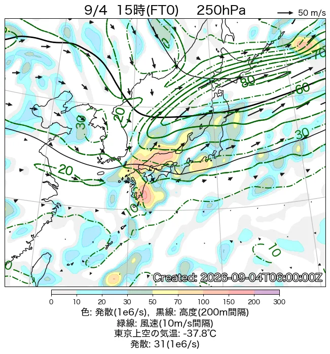 2026年9月4日の日本周辺の250hPa天気図（15時）