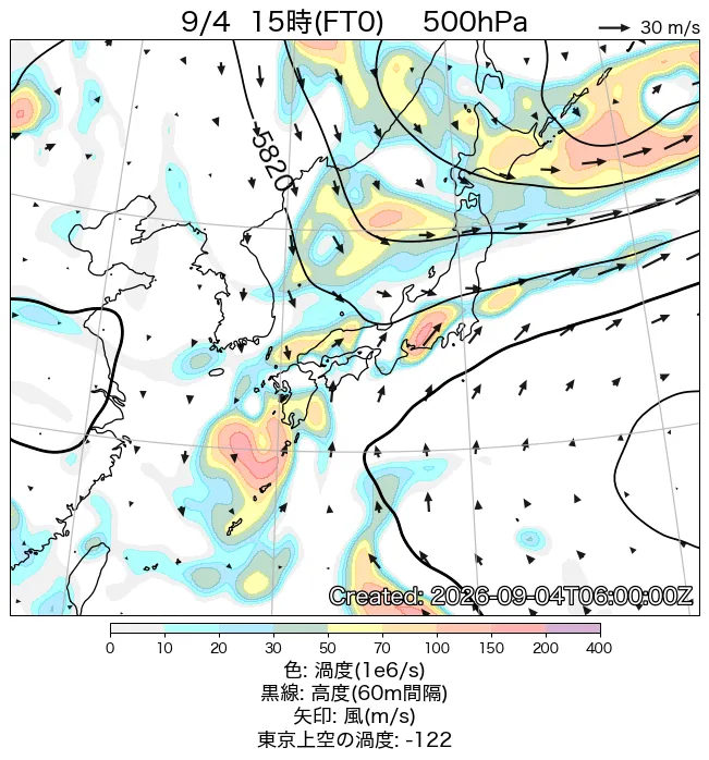 2026年9月4日の日本周辺の500hPa天気図（15時）