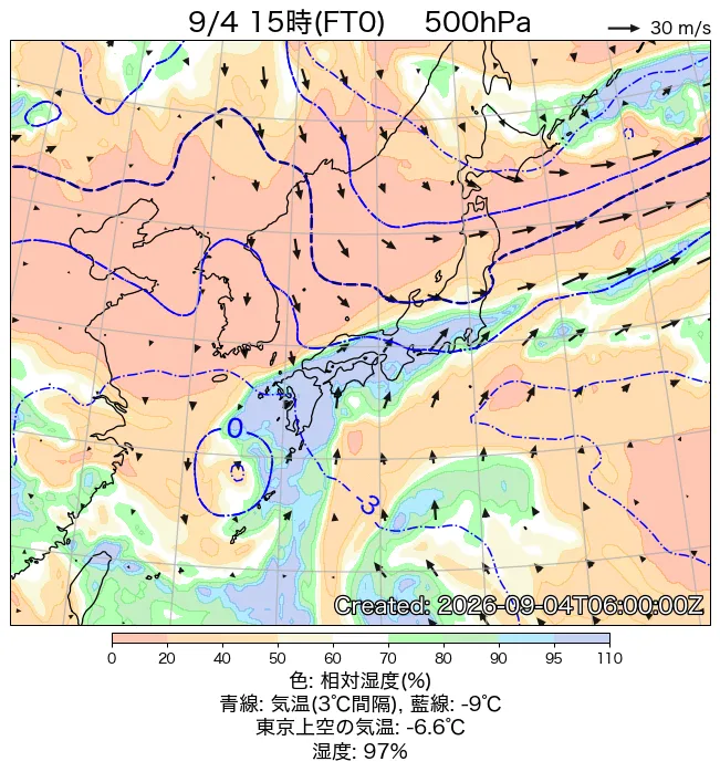 2026年9月4日の日本周辺の500hPa天気図（15時）
