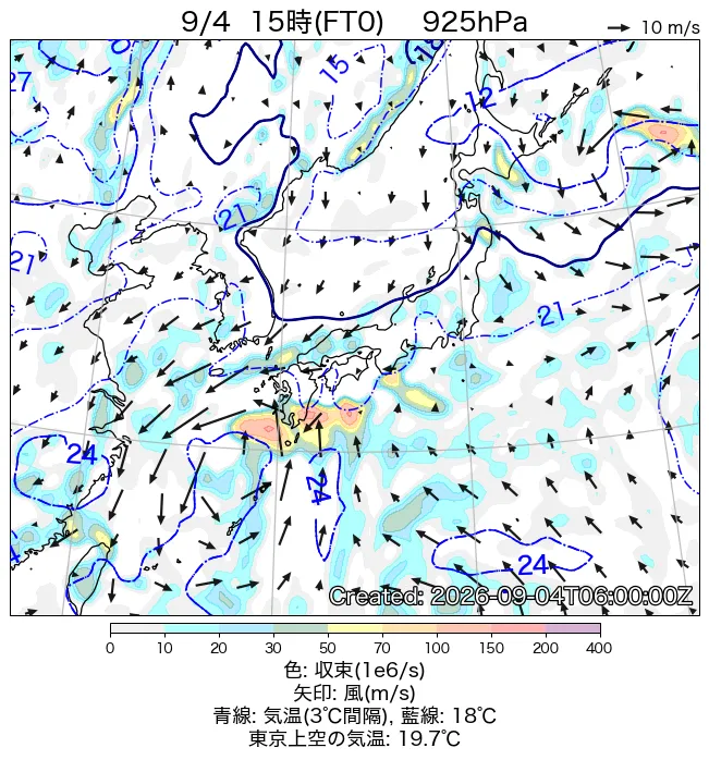 2026年9月4日の日本周辺の925hPa天気図（15時）