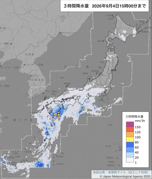 2026年9月4日12〜15時の日本周辺の3時間解析降水量
