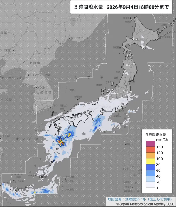 2026年9月4日15〜18時の日本周辺の3時間解析降水量