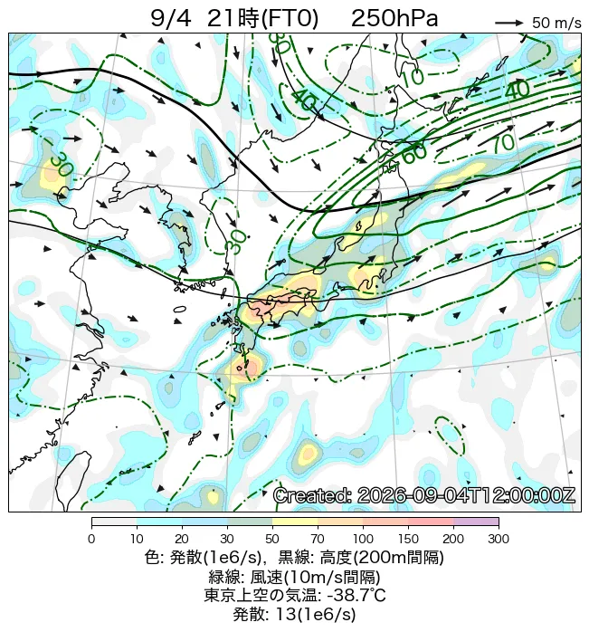 2026年9月4日の日本周辺の250hPa天気図（21時）
