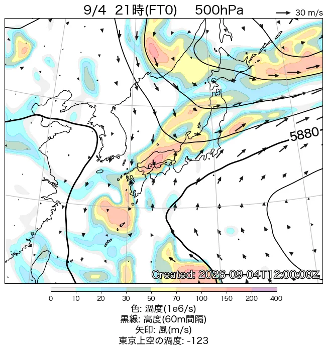 2026年9月4日の日本周辺の500hPa天気図（21時）